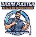 Logo of "Drain Master". Smiling plumber with a drain snake, encircled in blue. Text: "We tame the toughest drains."