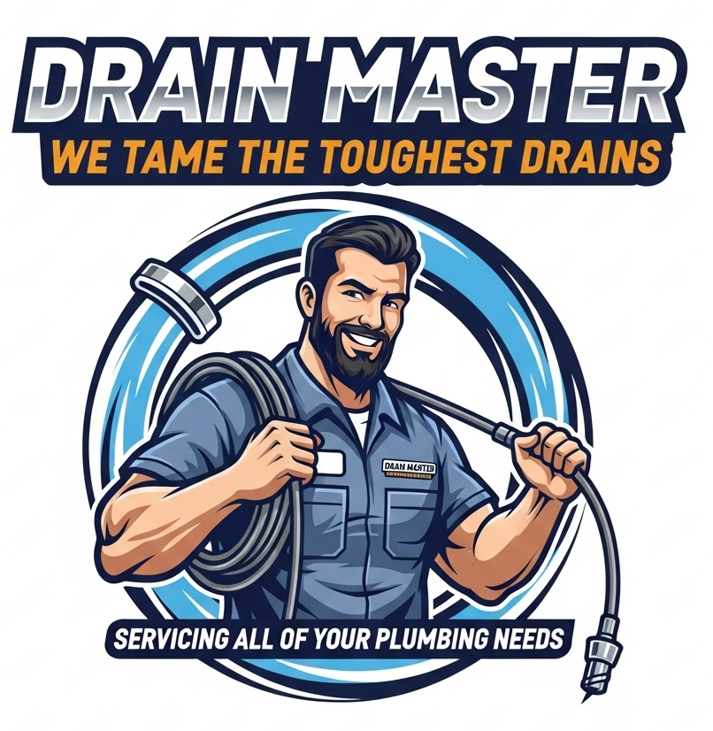 Logo of "Drain Master". Smiling plumber with a drain snake, encircled in blue. Text: "We tame the toughest drains."