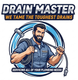 Logo of "Drain Master". Smiling plumber with a drain snake, encircled in blue. Text: "We tame the toughest drains."