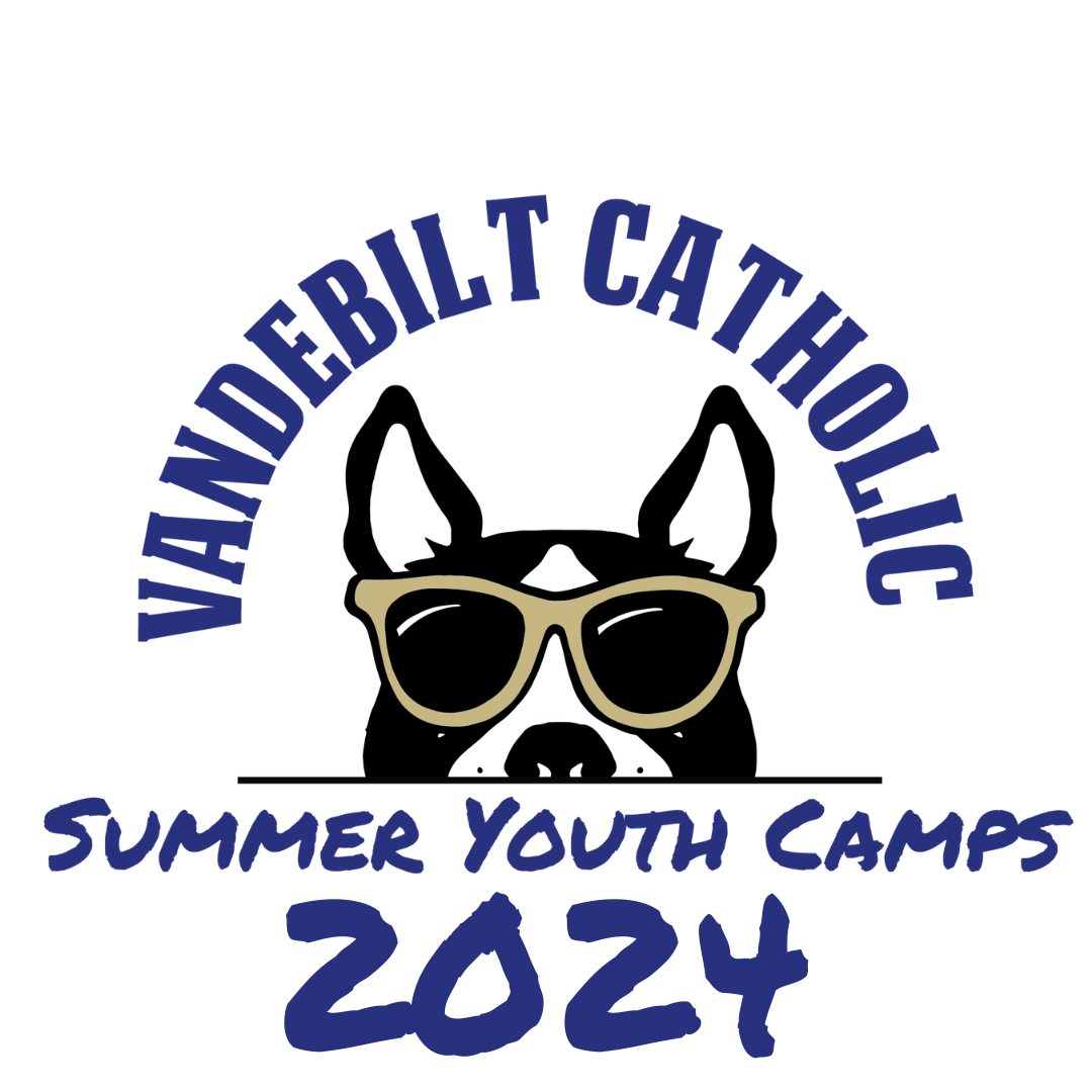 A logo for vandebilt catholic summer youth camps 2023 with a dog wearing sunglasses.