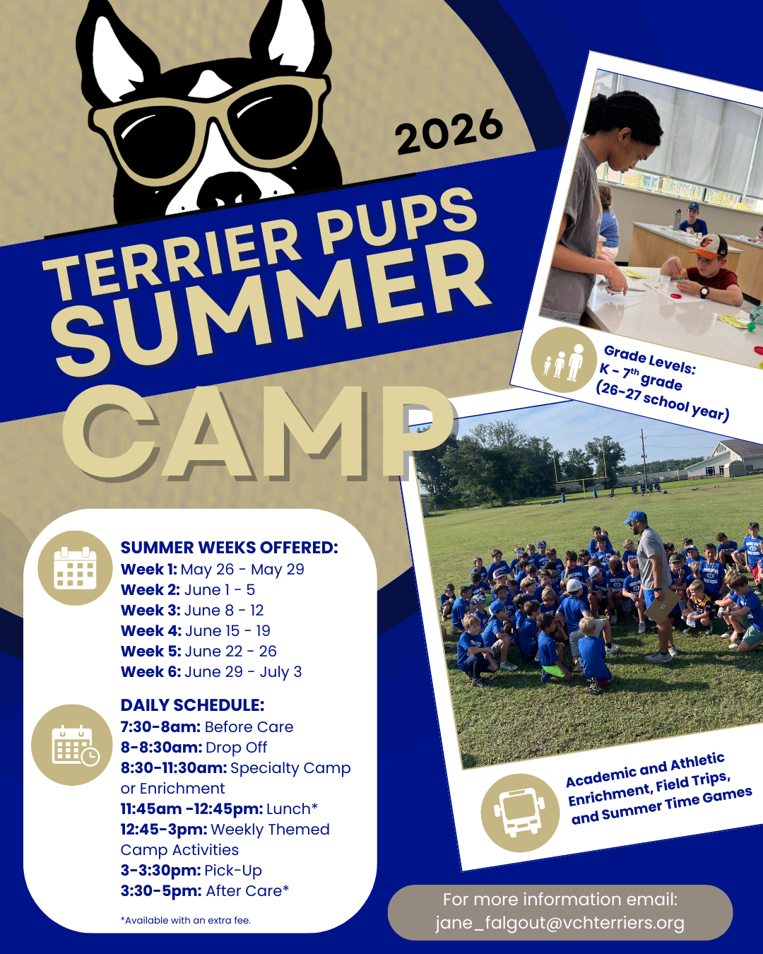 A logo for vandebilt catholic summer youth camps 2023 with a dog wearing sunglasses.