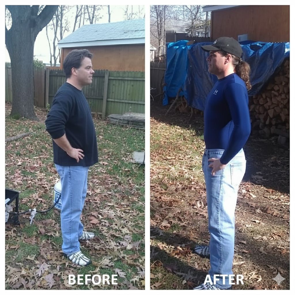 Side-by-side comparison shows a person before and after. Left: black shirt, jeans. Right: blue shirt, jeans, wearing a baseball cap.