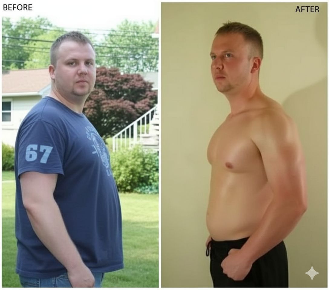 Man before and after weight loss; wearing a blue shirt and then shirtless; outdoors and then indoors.