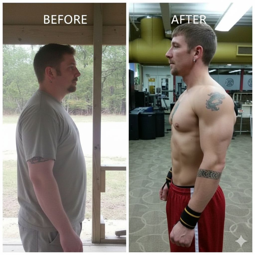 Weight loss progress: Man before and after exercising, with a toned physique in a gym.