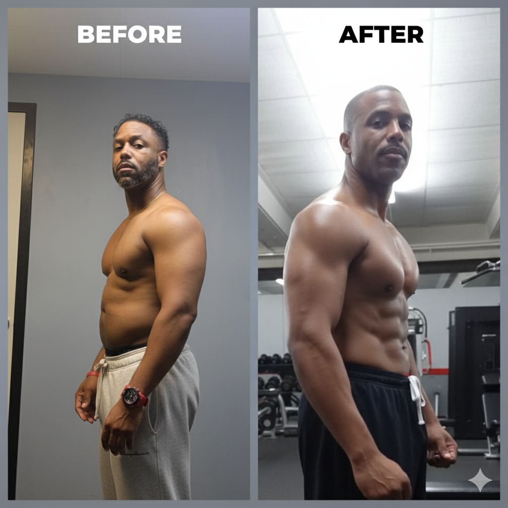 Side-by-side view of a man before and after a transformation.  He appears to have lost weight and gained muscle.