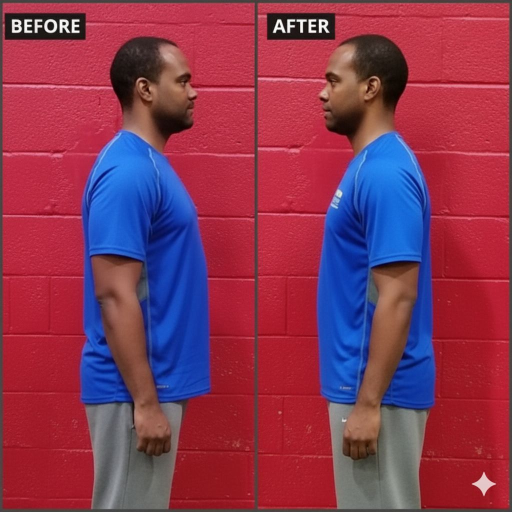 Side-by-side comparison. Person with rounded shoulders (Before) improved posture (After), wearing blue shirt and gray pants.