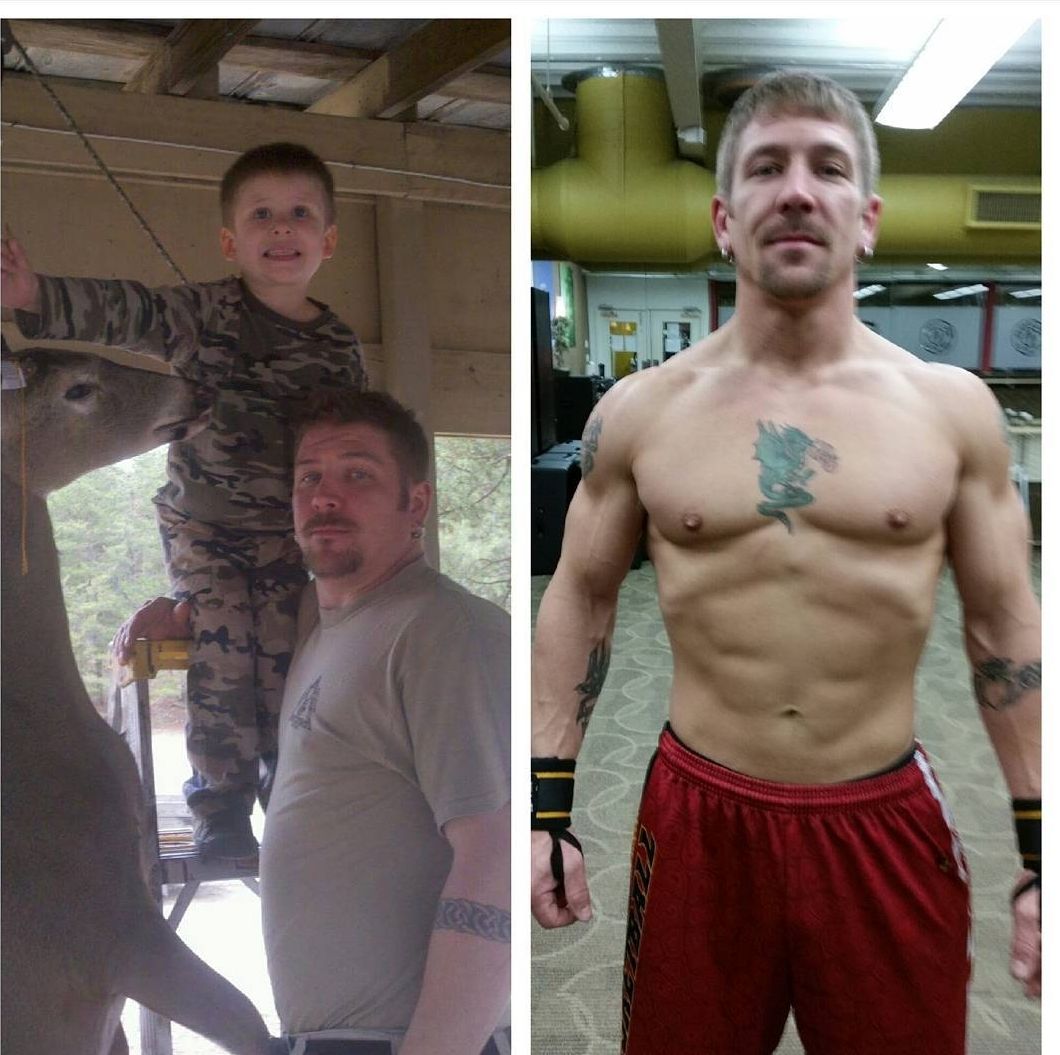 Before and after photos: man with a beer belly and child with deer, then muscular man in gym clothes.