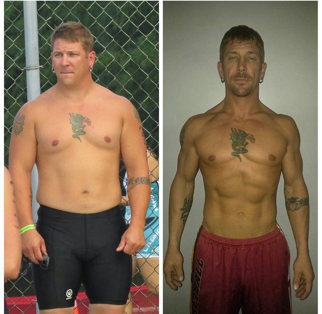 Side-by-side comparison of a man, before and after weight loss, showing a change in physique.