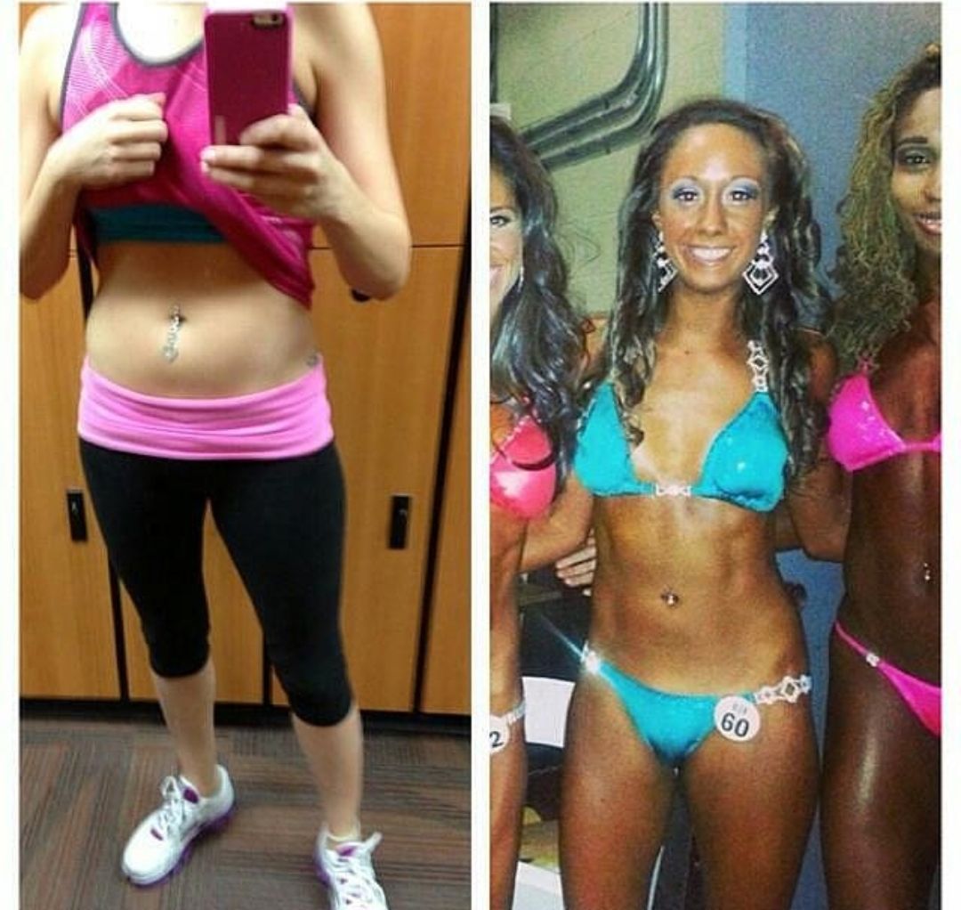 Transformation: Fitness before and after. Woman in gym clothes compared to one in a bikini at a competition, tanned, posing.