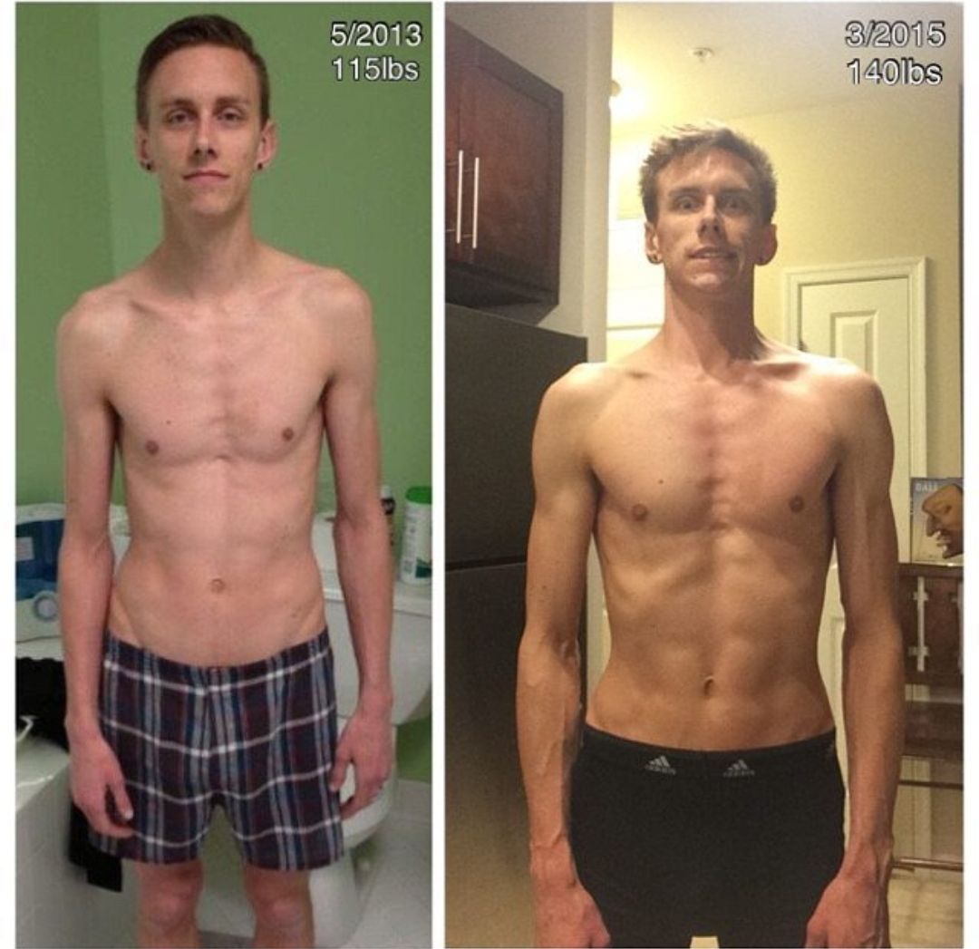 Side-by-side photos of a man, thin at 115 lbs in 2013, then muscular at 140 lbs in the same year.