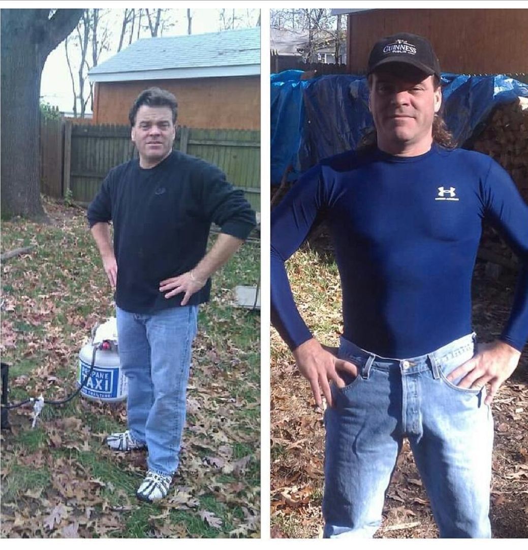 Two photos: Man standing outside before and after weight loss.