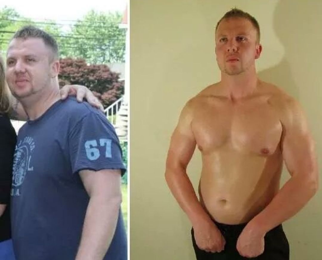 Side-by-side comparison of a man, larger in a blue shirt on the left, muscular and shirtless on the right.