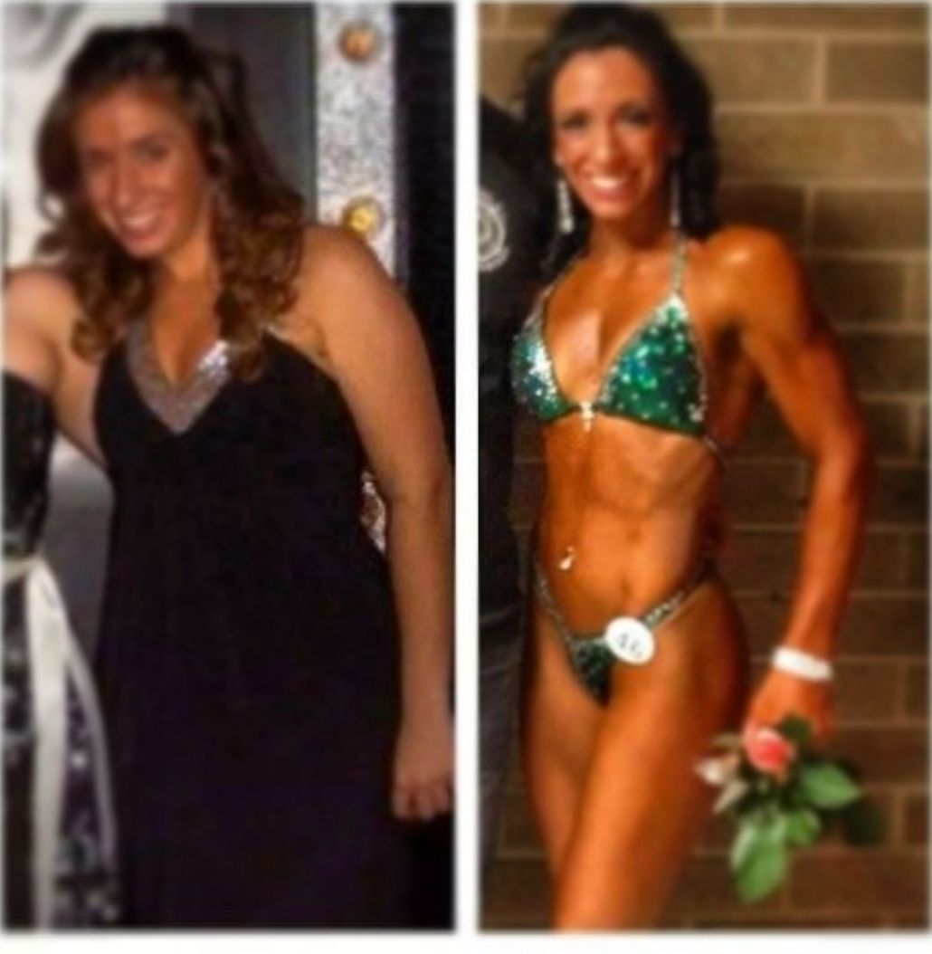 Side-by-side comparison of a person; the first image shows the person in a black dress, the second shows the person in a green bikini.