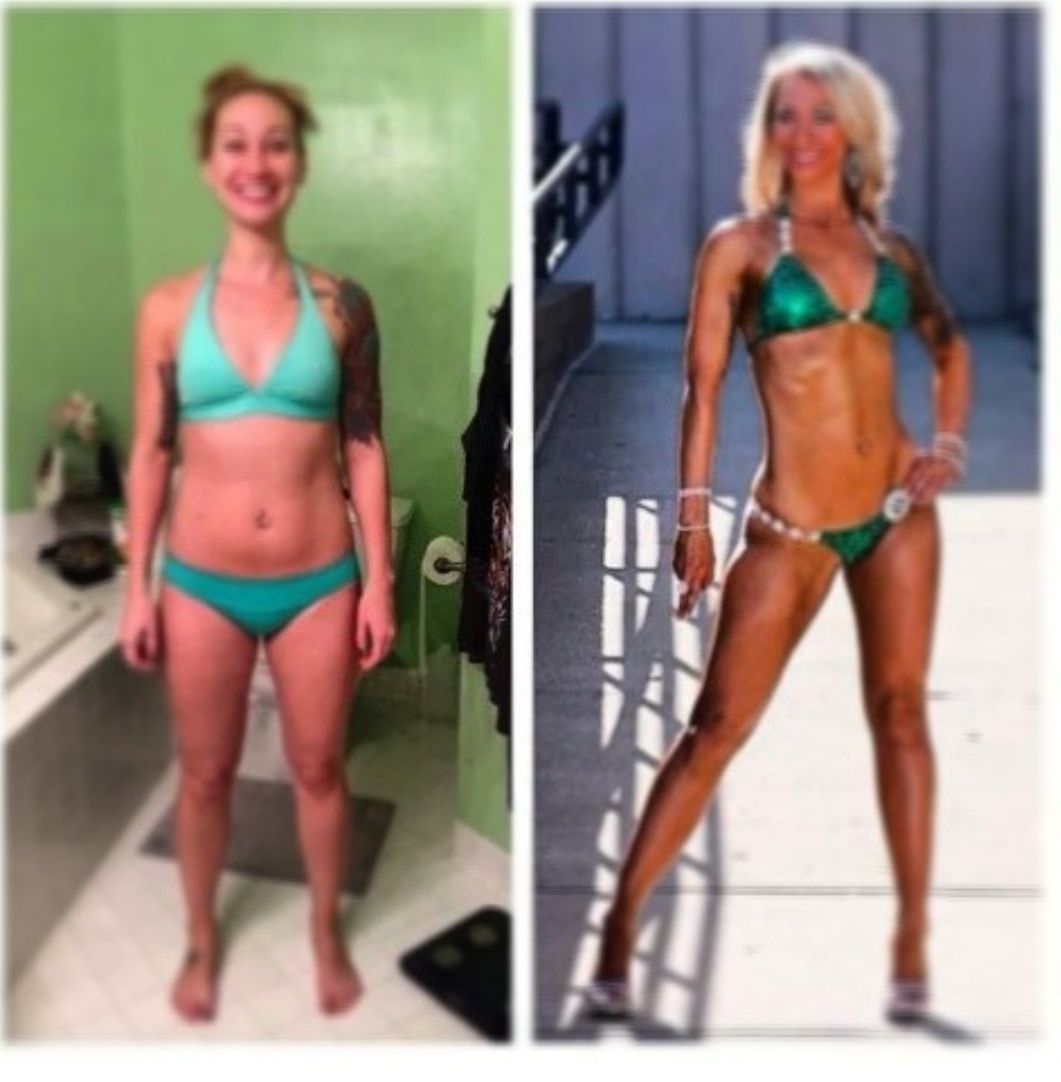 Side-by-side comparison of a person in a bathing suit before and after body transformation, tan and posing in a competition bikini.