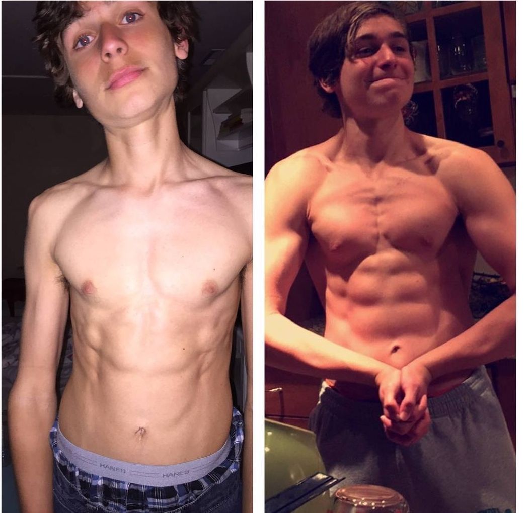 Before-and-after of a person with significant muscle gain. They are flexing their chest and abs, showing muscle definition.