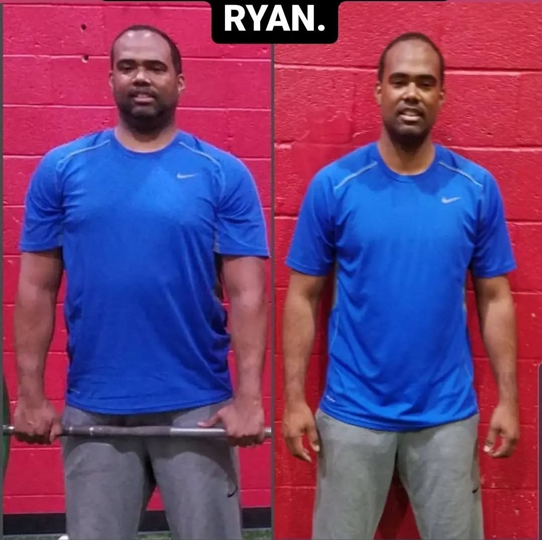 Man in blue shirt, before and after weightlifting. Red brick wall.