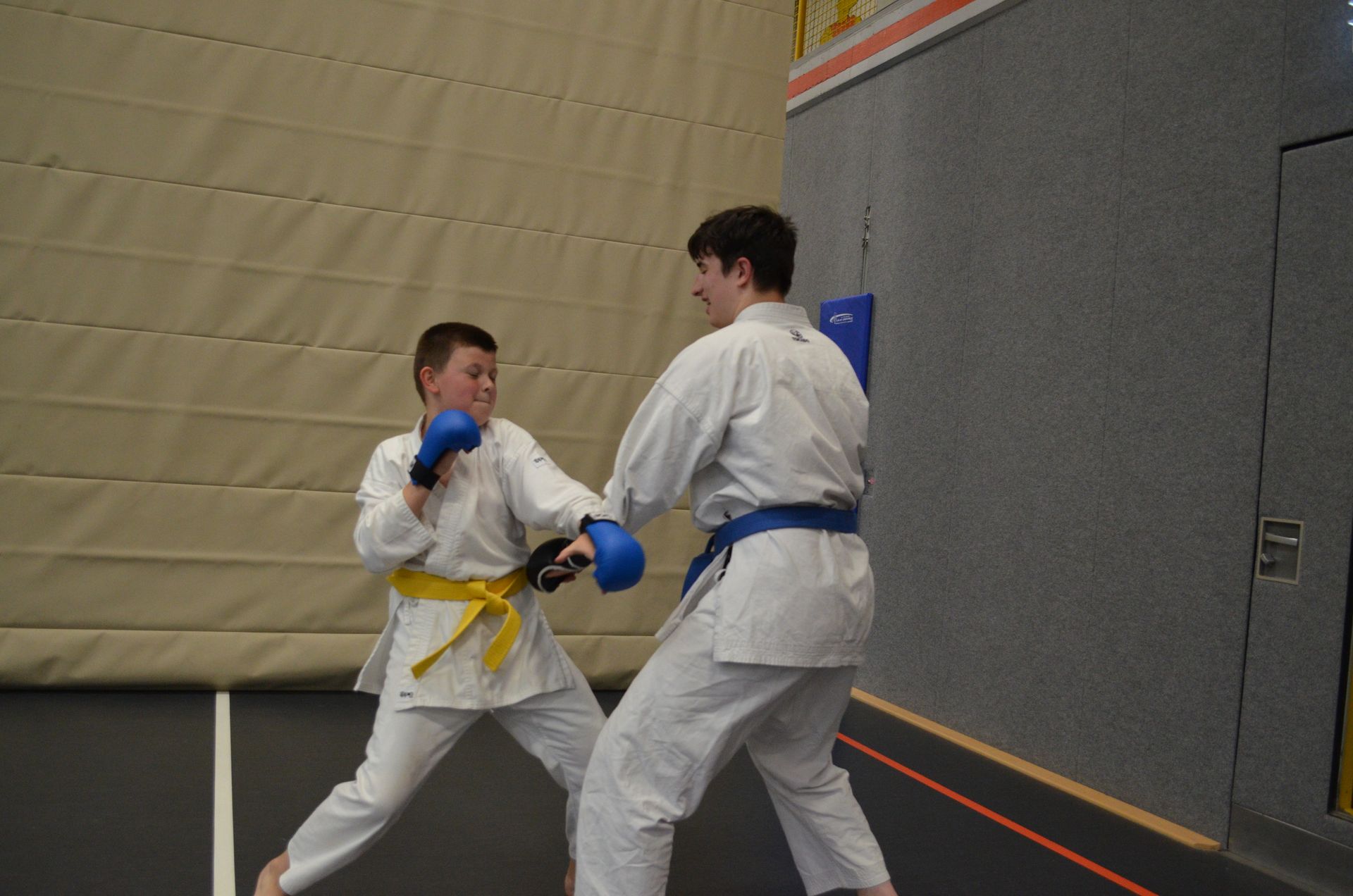 Zwei junge Männer trainieren in einem Fitnessstudio Karate - Karate-Jugendfreizeit.