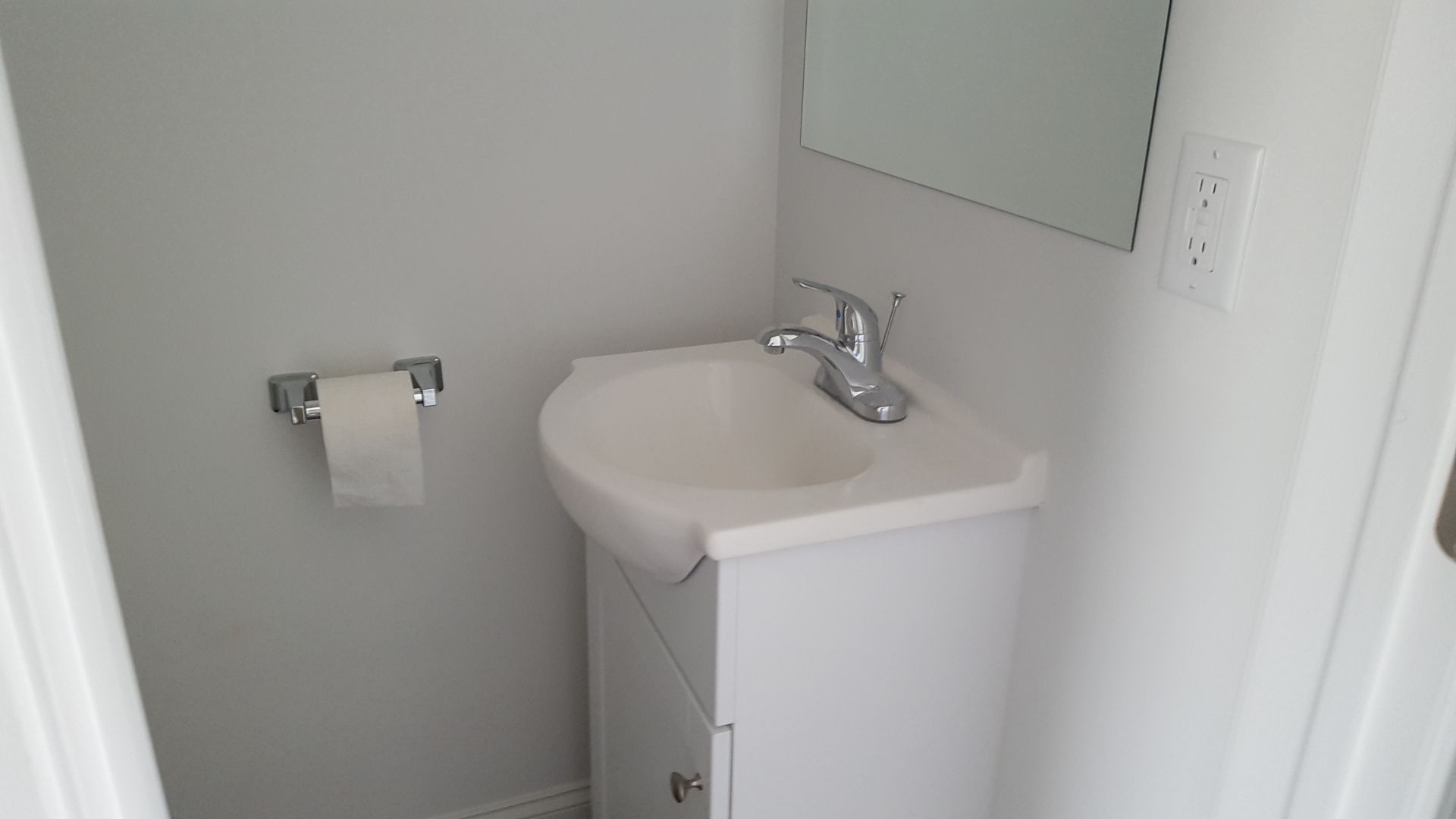 A bathroom with a sink , mirror and toilet paper holder.