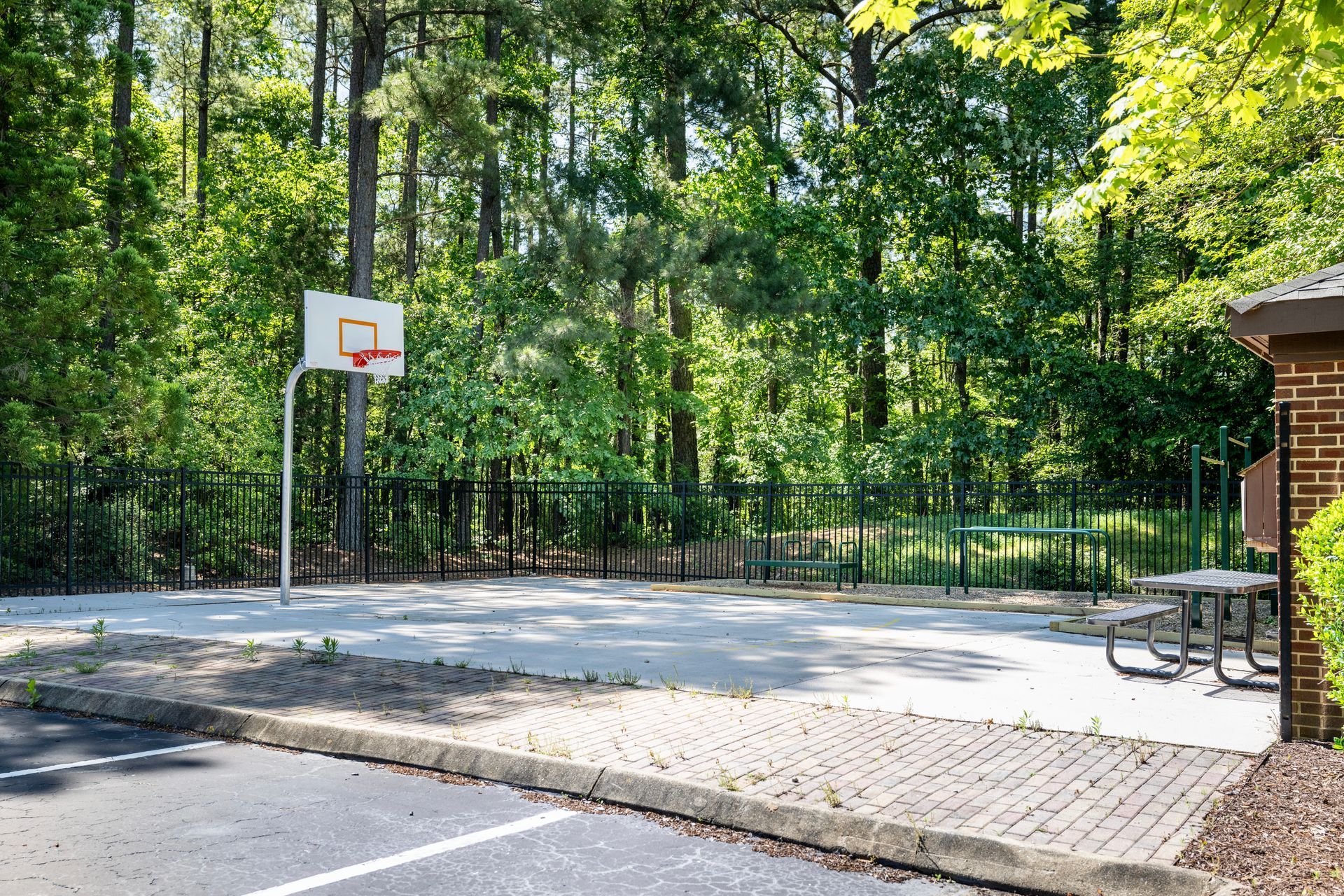 There is a basketball hoop in the middle of a parking lot.