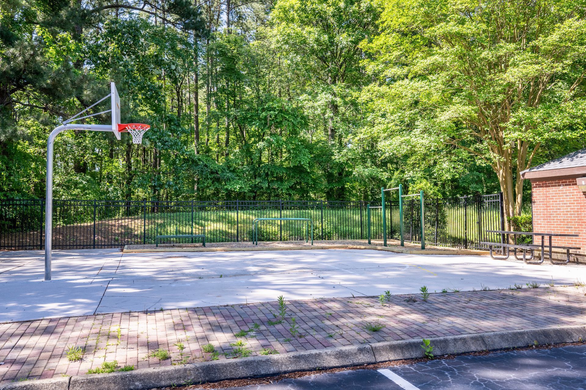 A basketball court in a park with a fence and trees in the background.