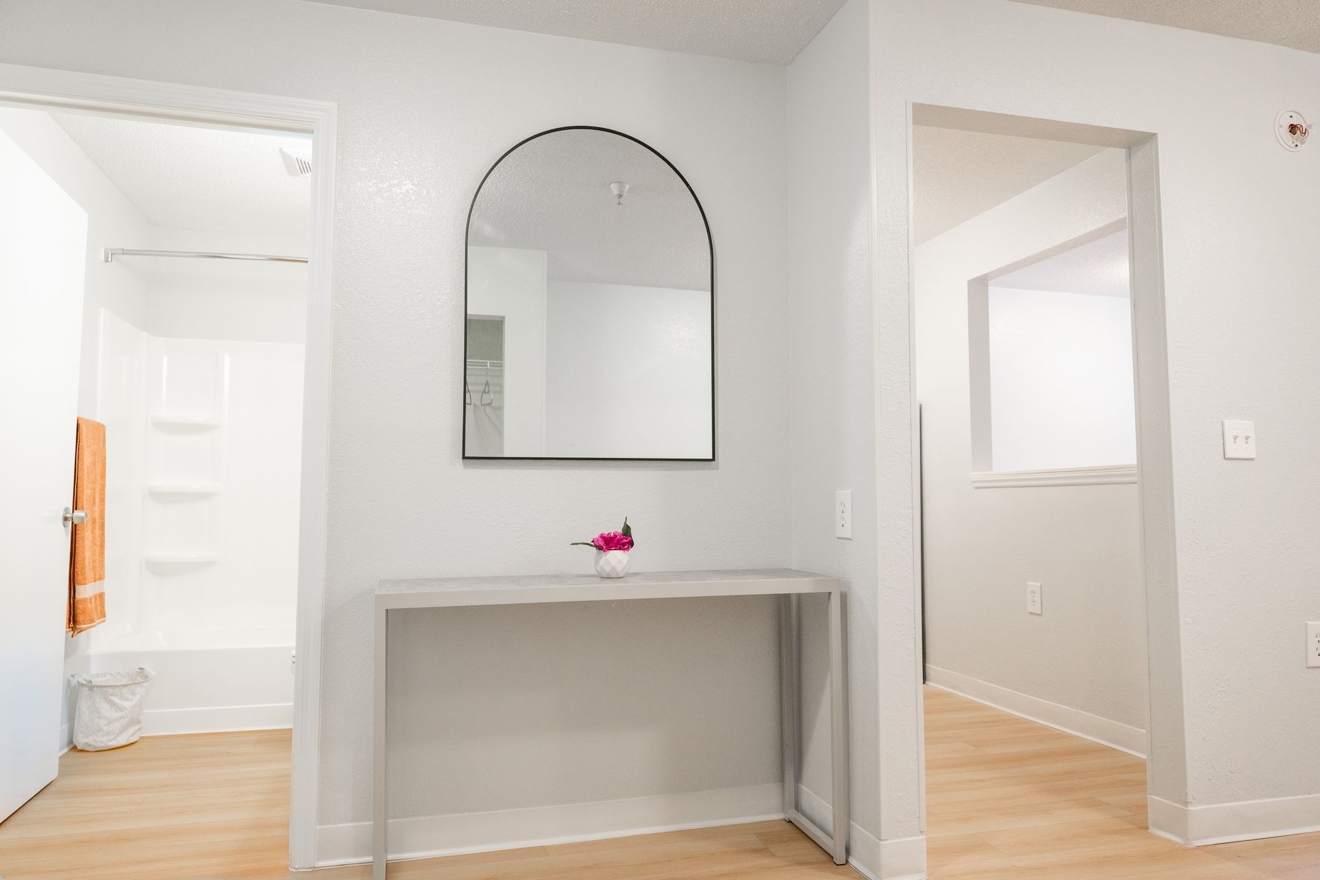 A hallway with a table and a mirror between two rooms.
