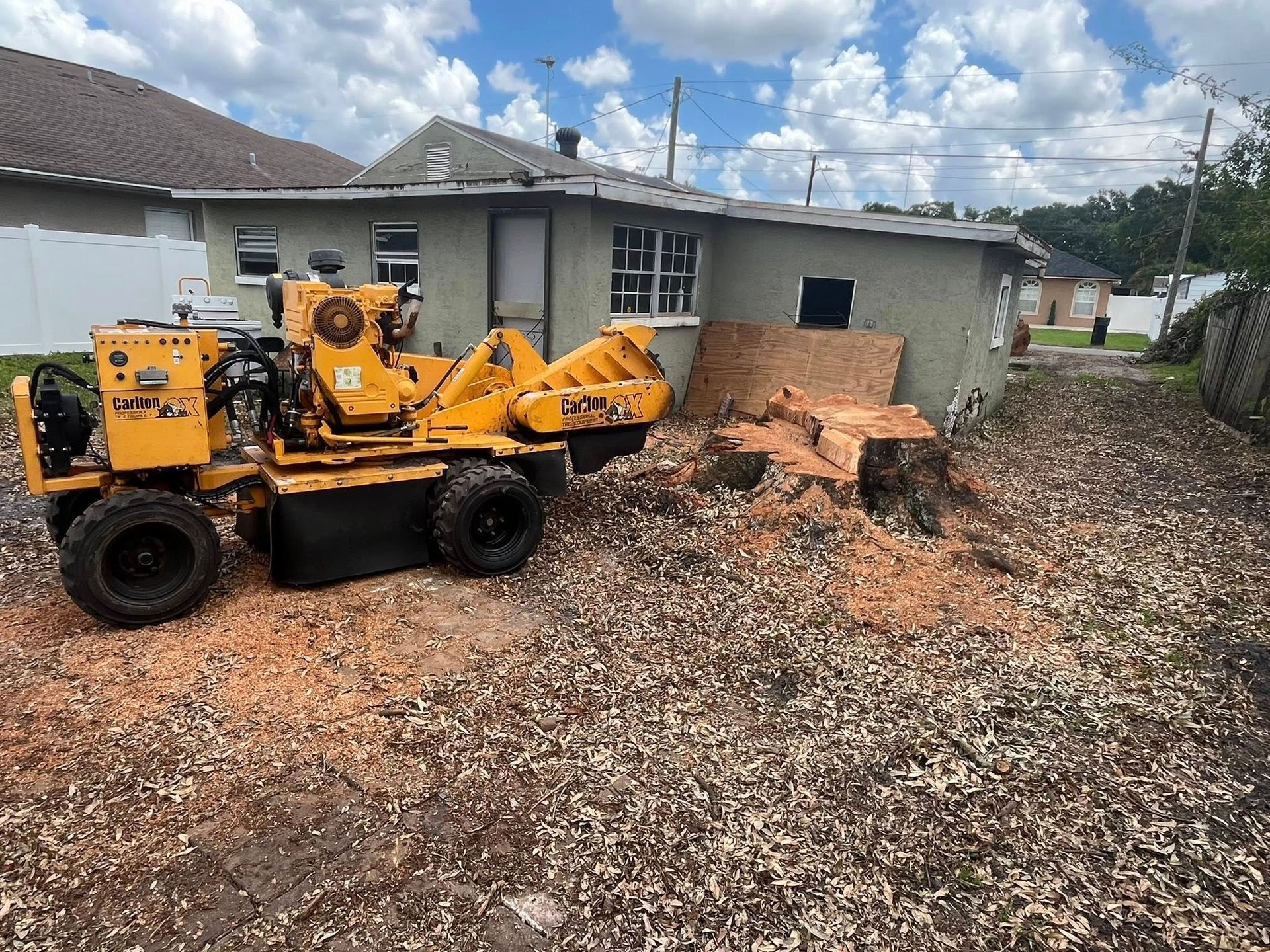 Yellow stump grinder grinding tree stump next to a house, creating wood chips on the ground.