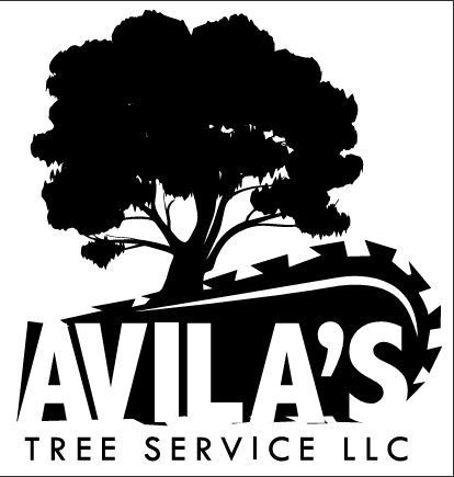 Black silhouette of a tree and a chainsaw blade, with "AVILA'S TREE SERVICE LLC" written below.