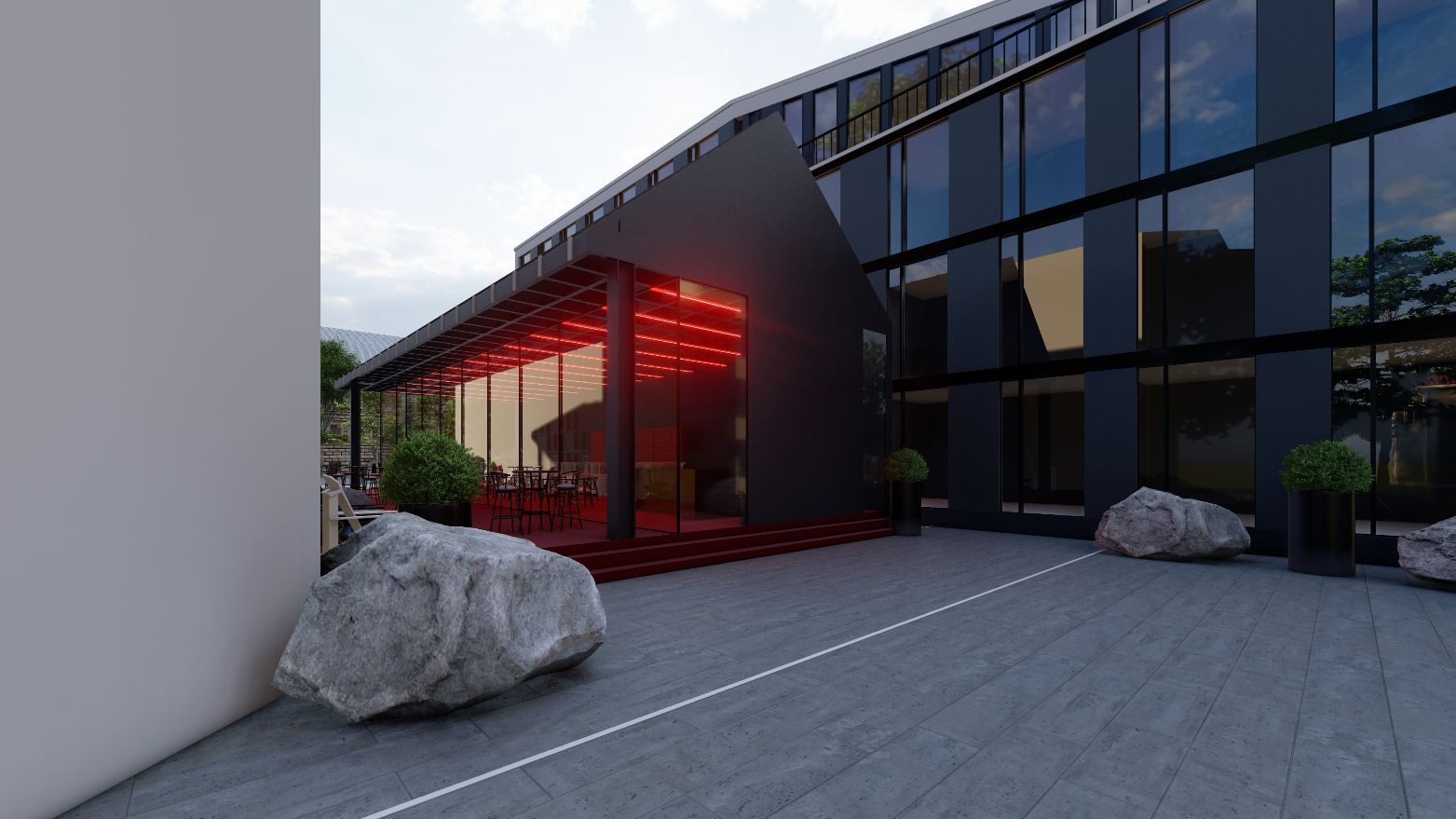 Eine 3D-Darstellung eines Gebäudes mit einem großen Felsen davor.