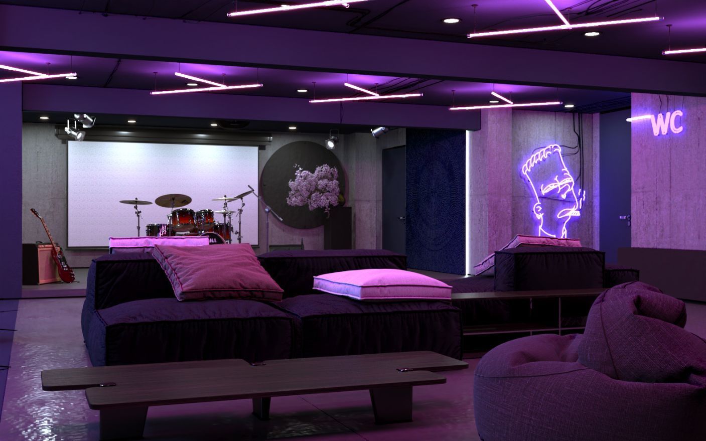 Ein Wohnzimmer mit einer Couch, einem Sessel, einem Tisch und einer Neonreklame von Bart Simpson.