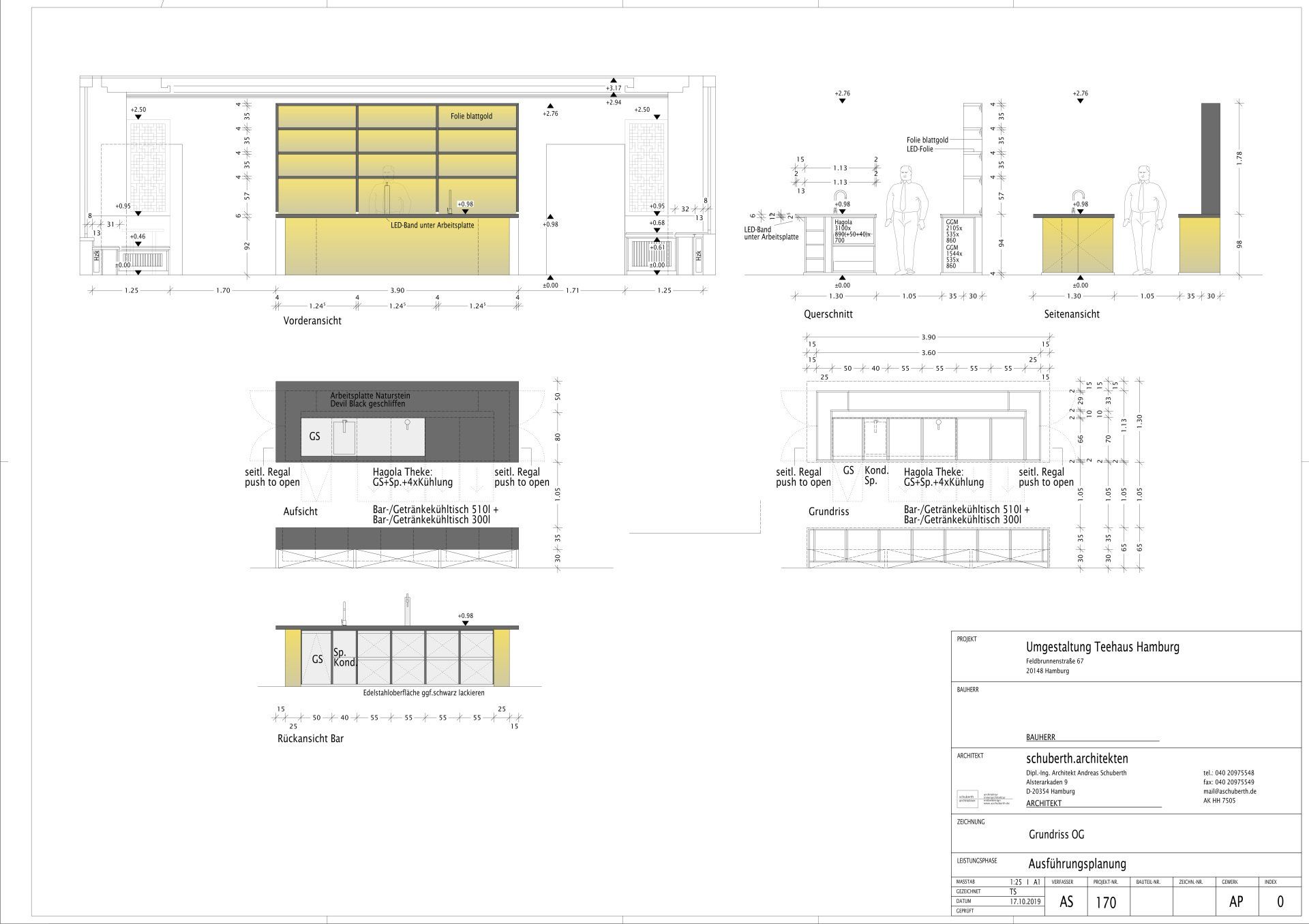 Eine architektonische Zeichnung einer Küche mit gelben Schränken