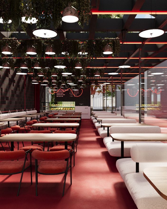 Eine Darstellung eines Restaurants mit Tischen und Stühlen