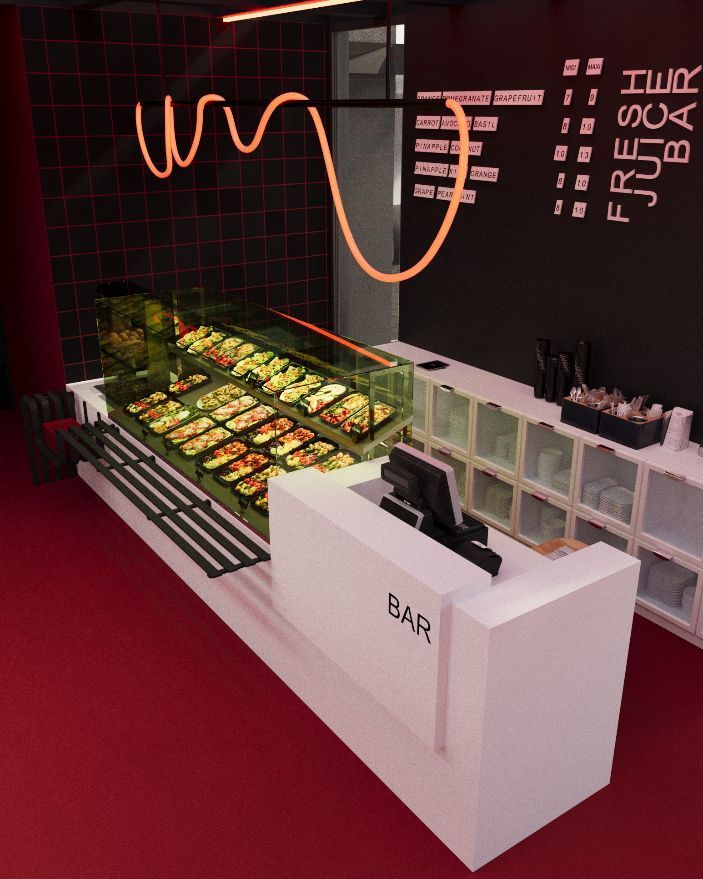 Eine Darstellung eines Restaurants mit einer Bar und einer Vitrine