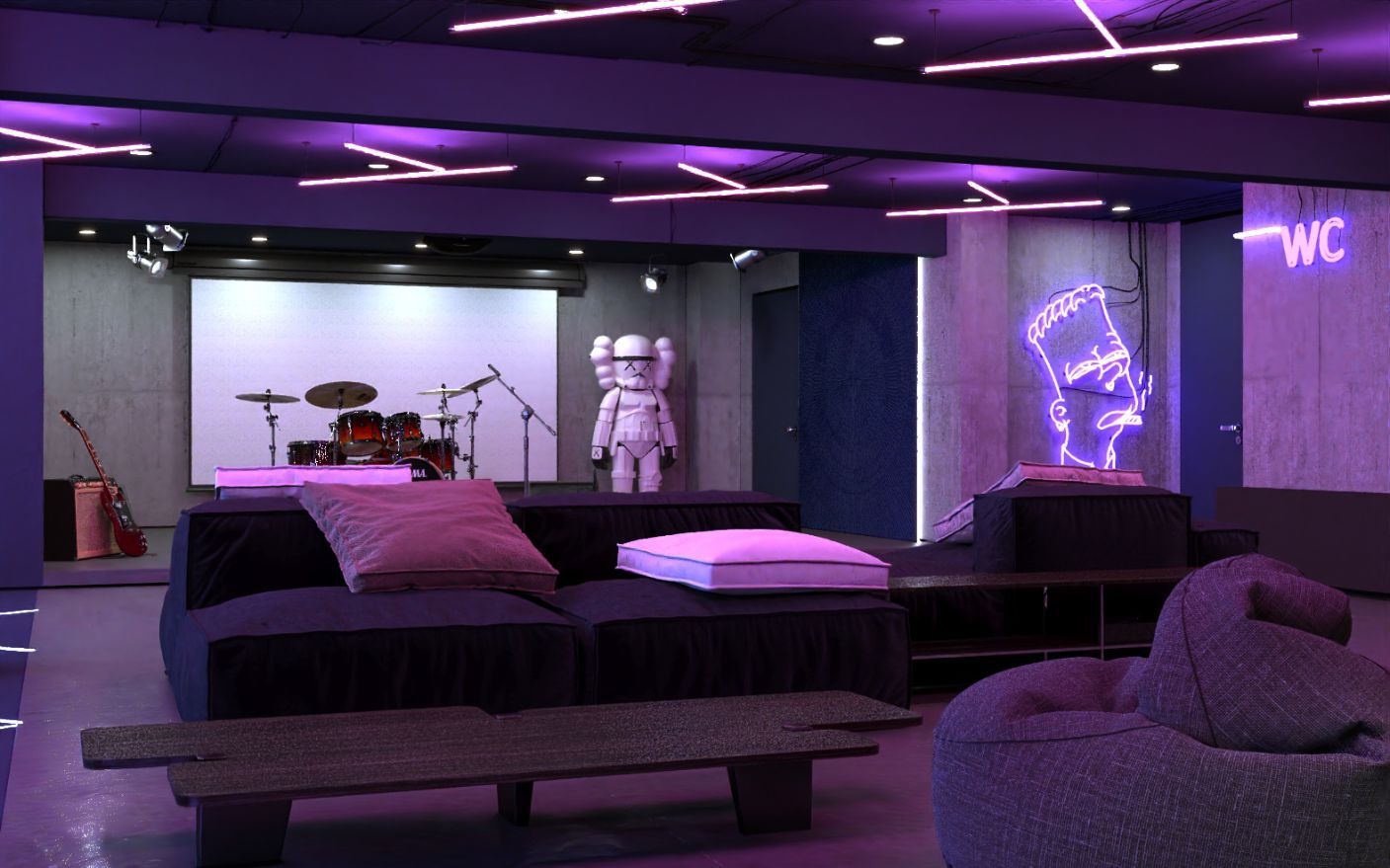 Ein Wohnzimmer mit violetter Decke und violetter Couch.