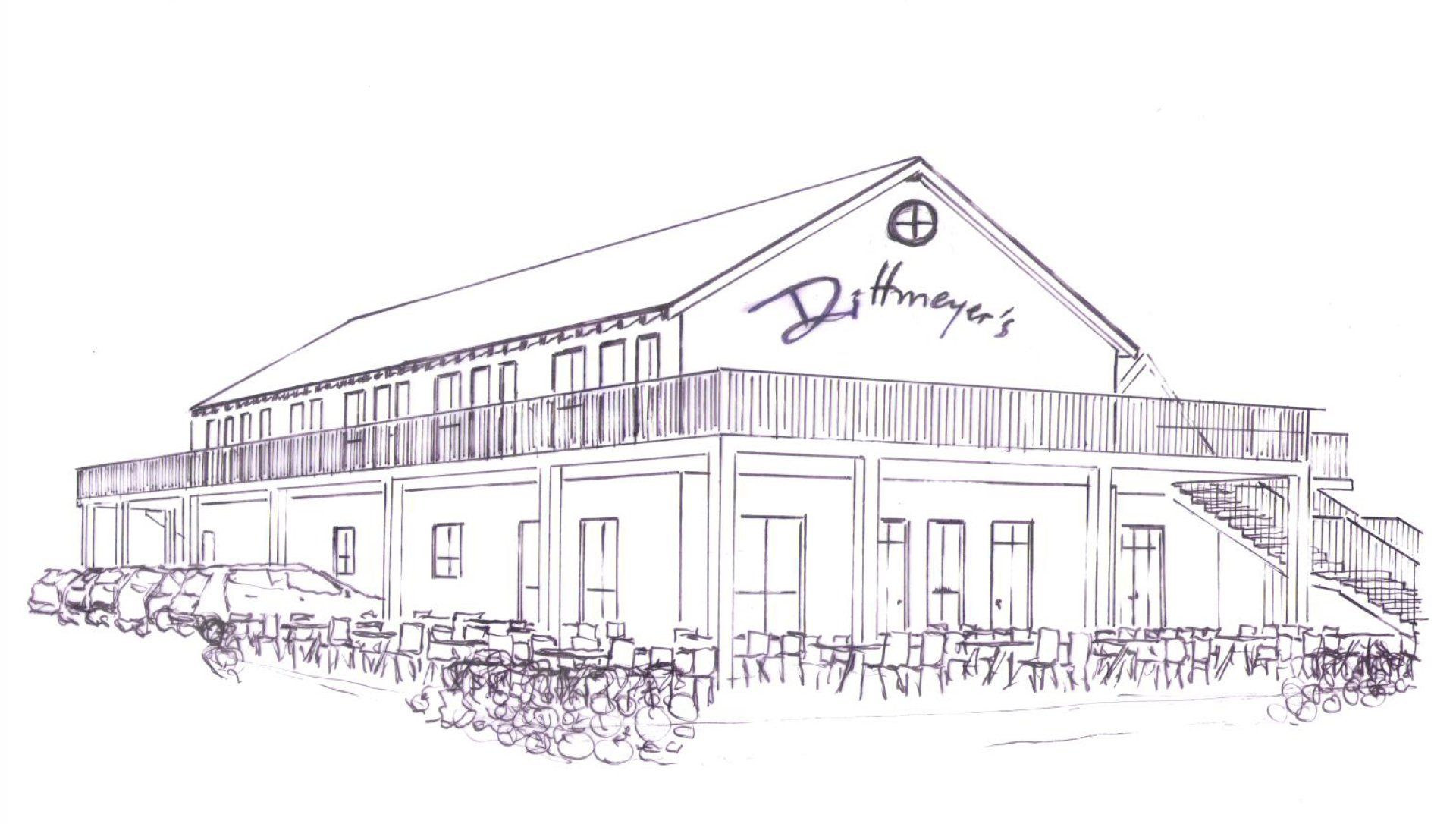 Eine Schwarzweißzeichnung eines großen Gebäudes mit Treppen, die dorthin führen.