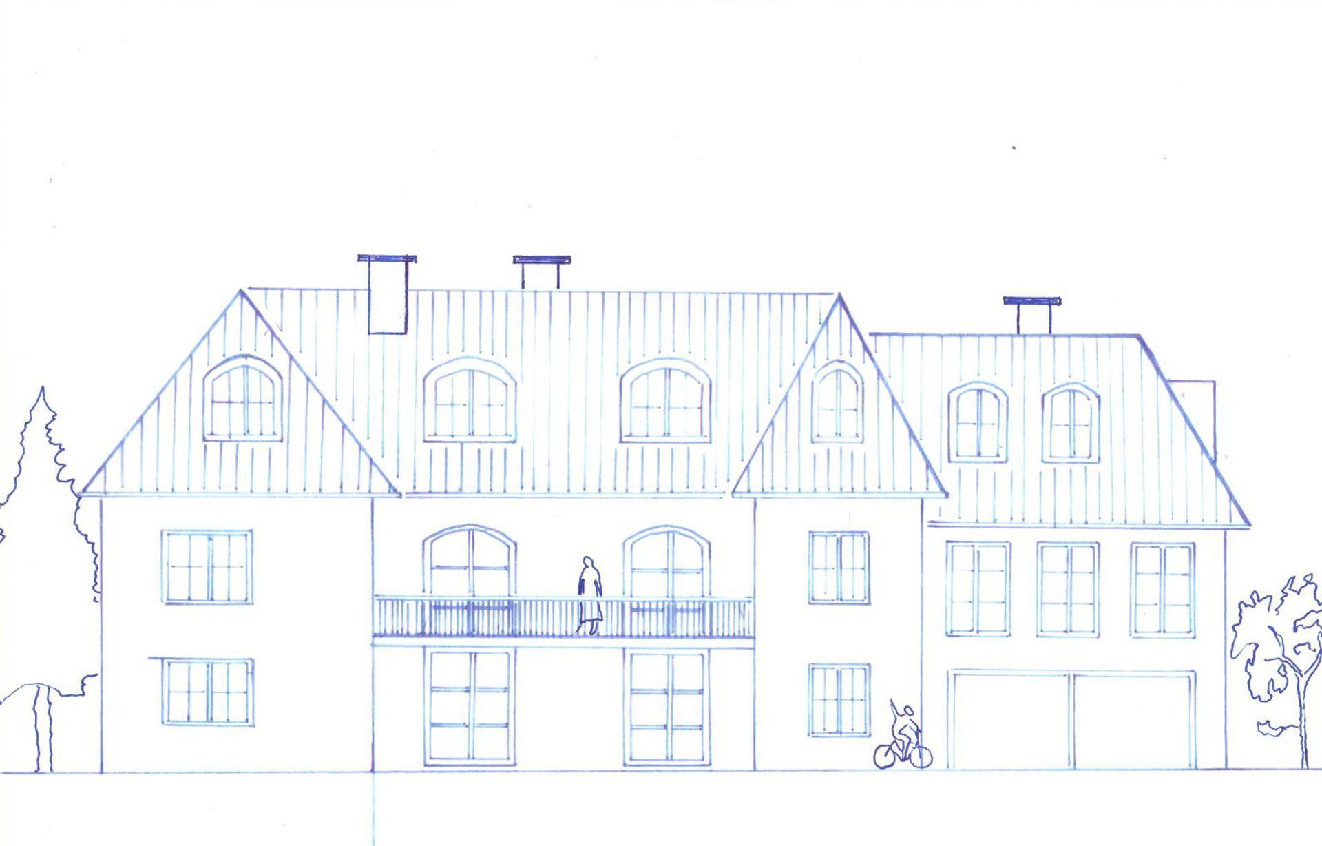 Eine blau-weiße Zeichnung eines großen Hauses