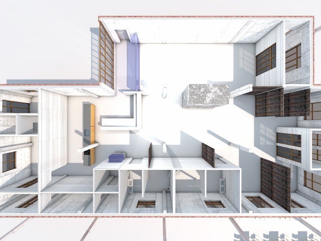 Eine Luftaufnahme eines in zwei Hälften geschnittenen Hauses, die das Innere zeigt.