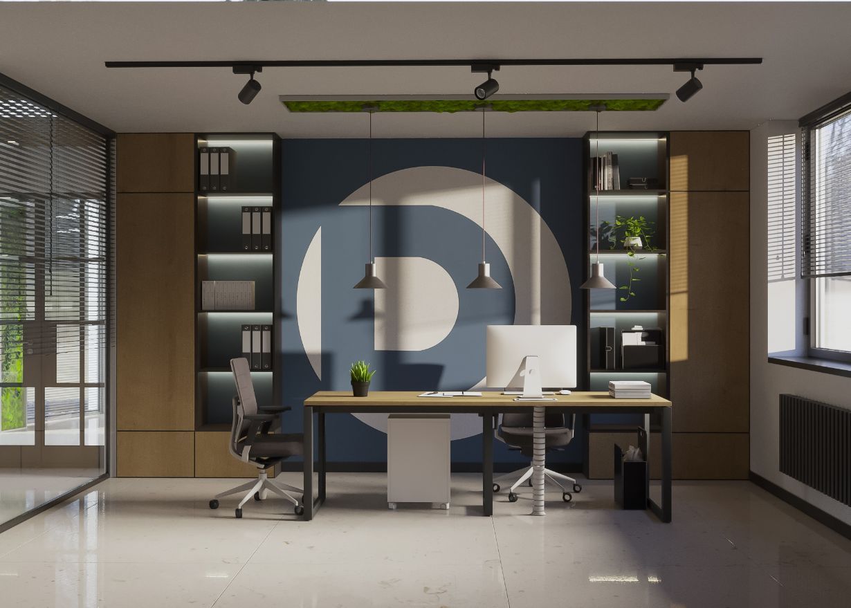 Ein modernes Büro mit zwei Schreibtischen und einem großen P an der Wand.