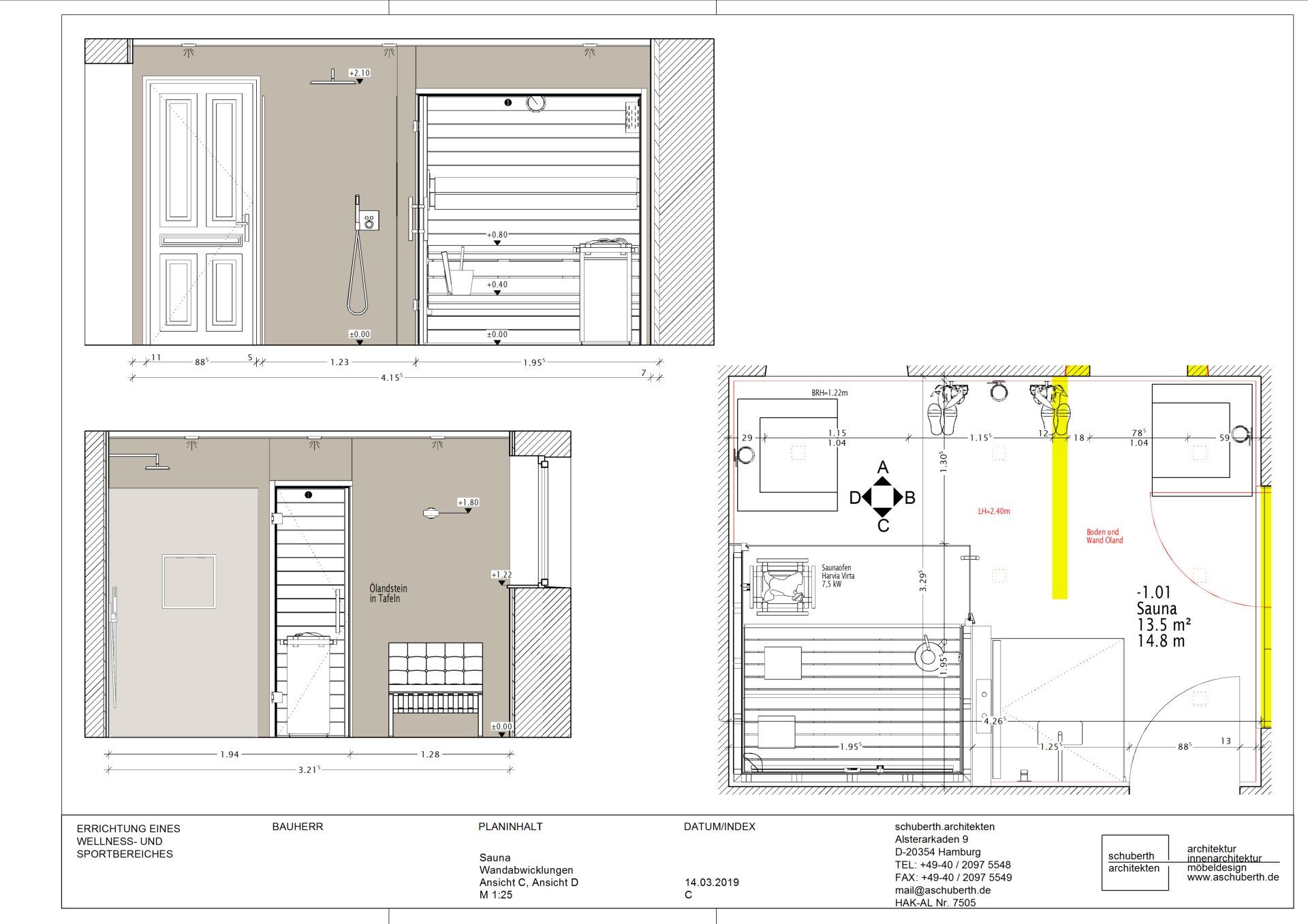 Ein Satz von drei Zeichnungen eines Raumes und eines Grundrisses.