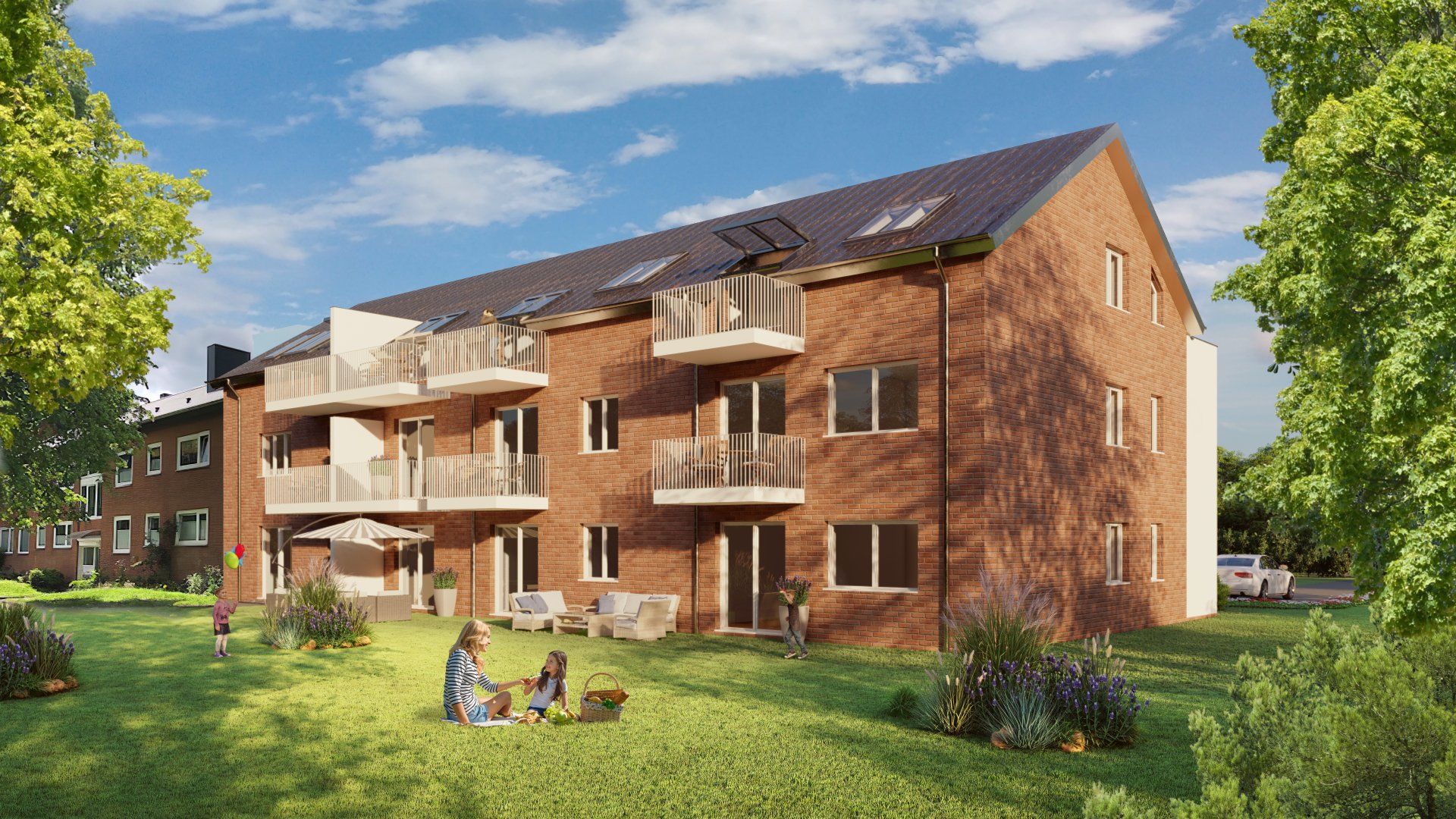 Eine künstlerische Darstellung eines Backsteinwohnhauses mit Menschen, die davor auf dem Rasen sitzen.