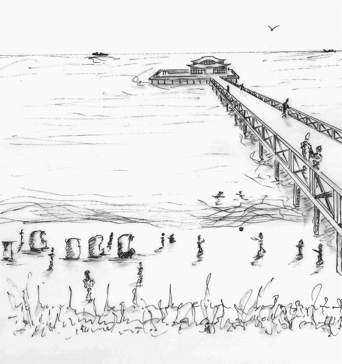 Eine schwarz-weiße Zeichnung eines Piers mit Menschen darauf