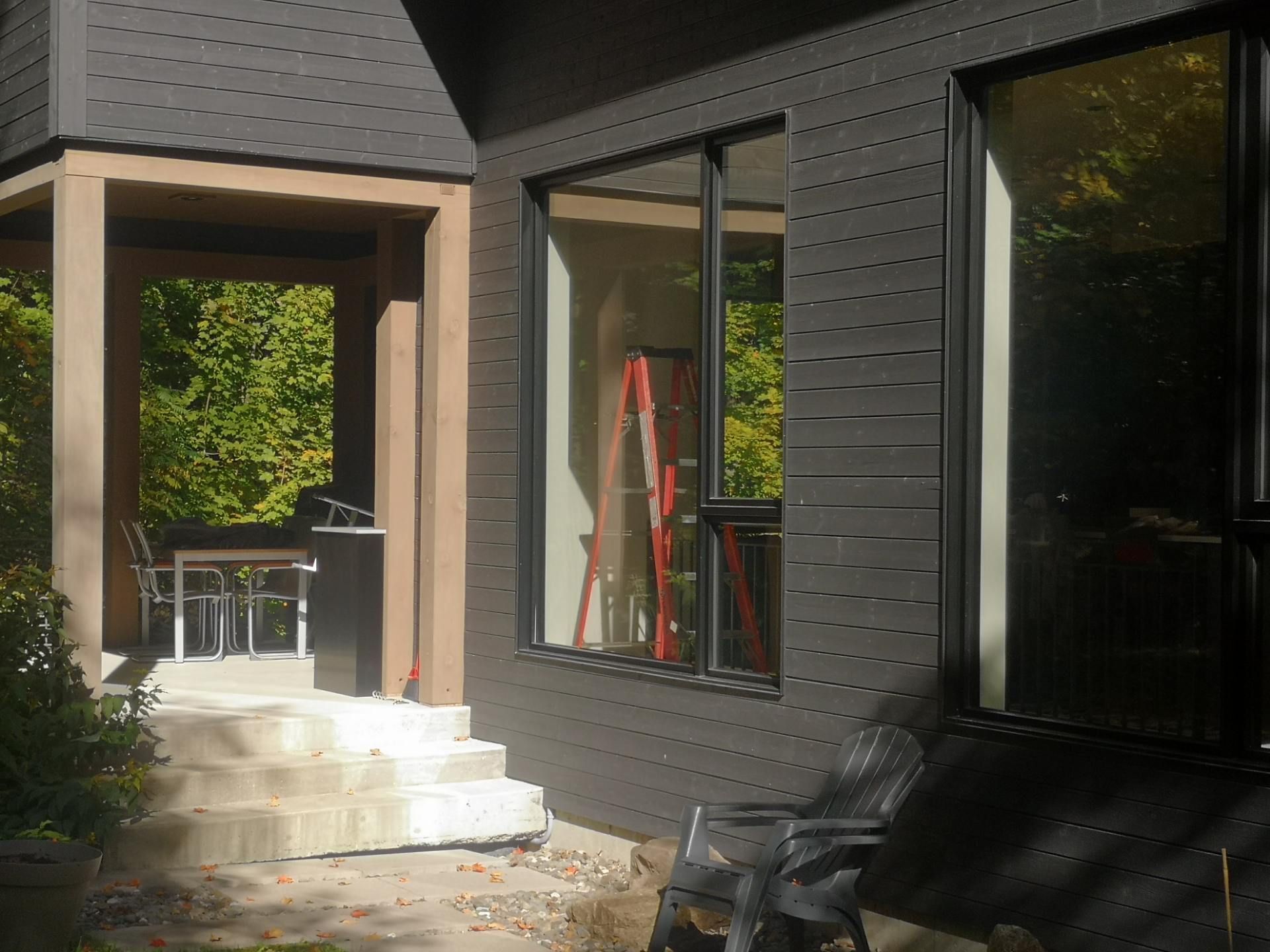 Une maison noire avec une échelle sur le côté