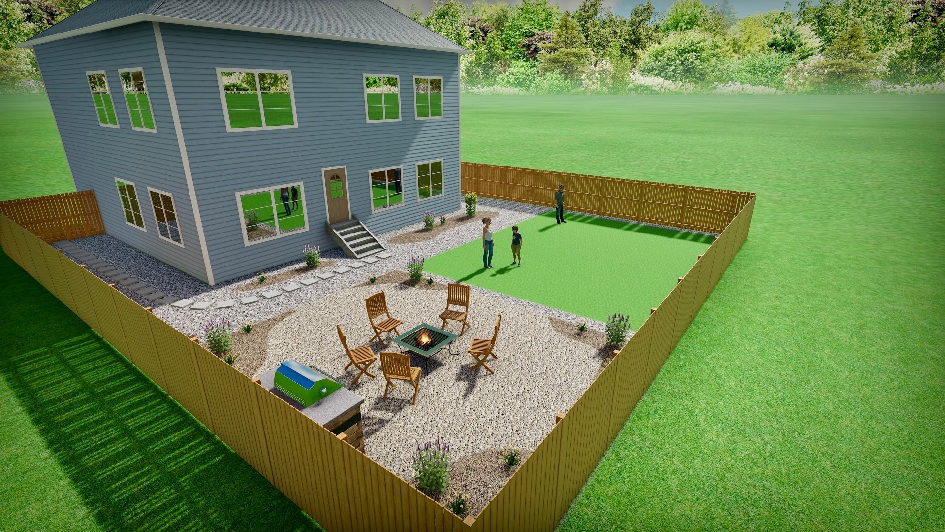 A two-story blue house with a fenced backyard, featuring a fire pit, grass, and people.
