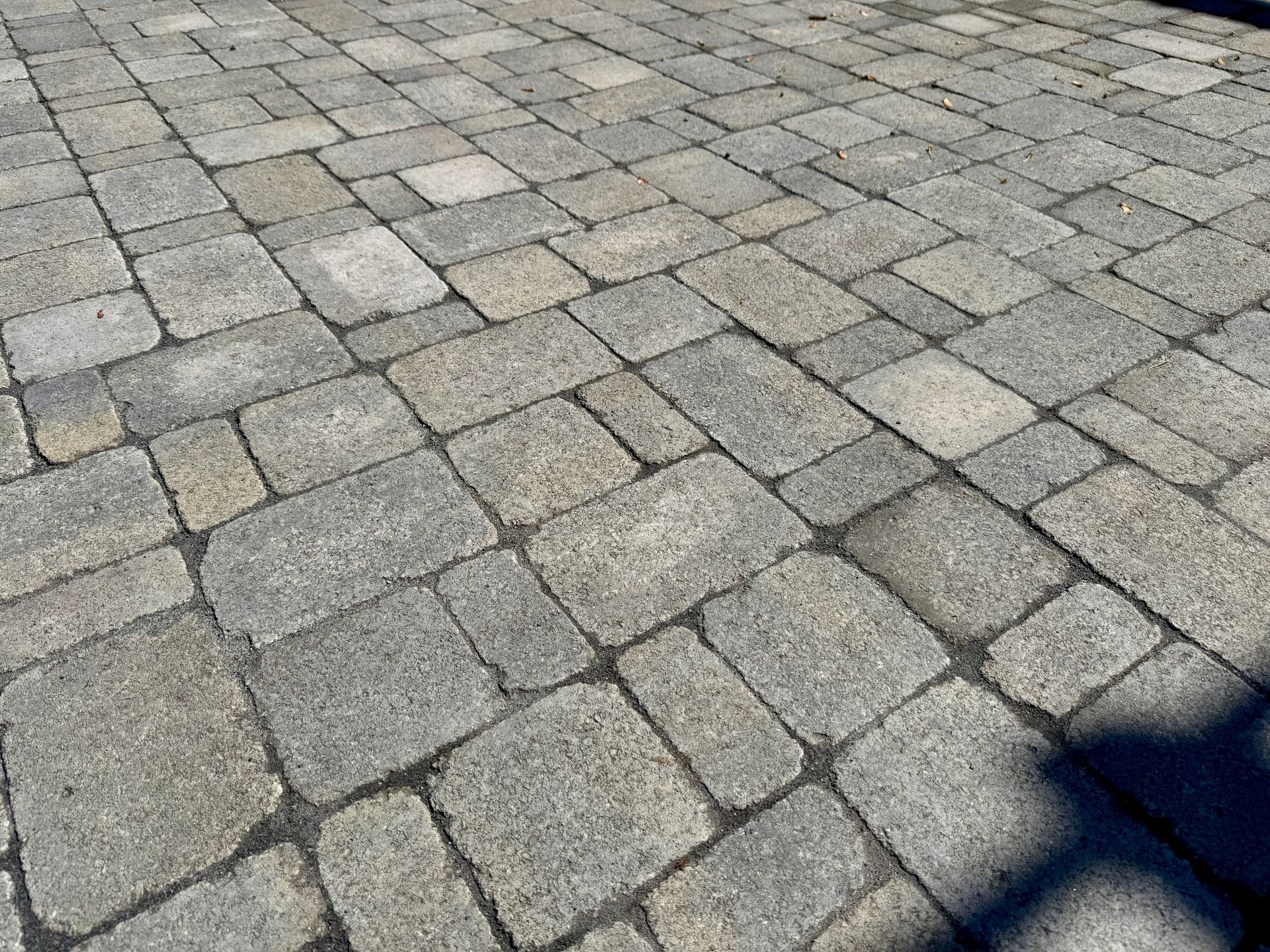 Close-up of a patio made of gray and tan rectangular paving stones.