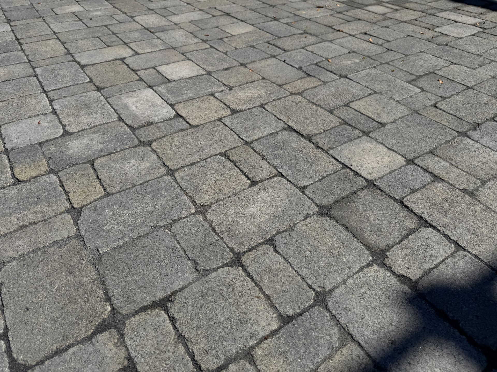 Gray and beige rectangular pavers arranged in a textured pattern on a patio.