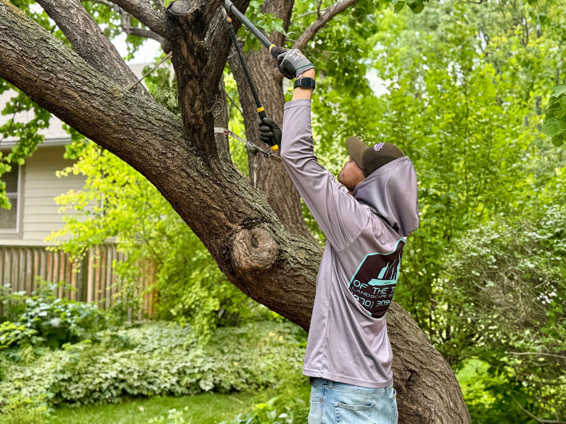 Person pruning a tree with long-handled pruners outside; wearing gloves, hat, and gray shirt.