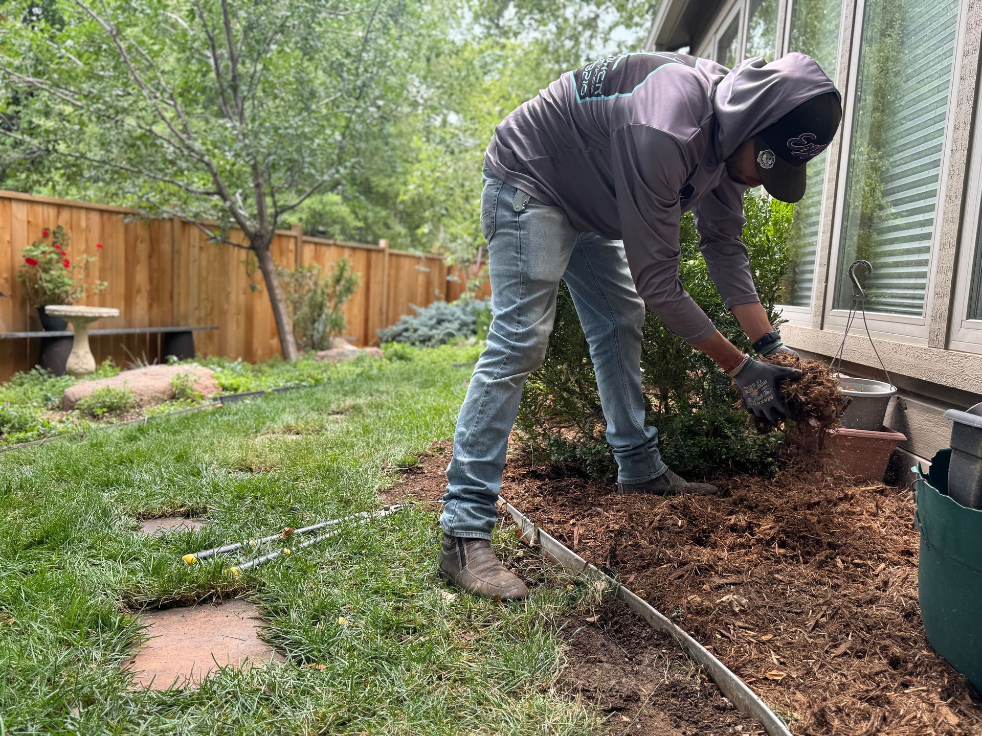 Person mulching a garden bed next to a house.