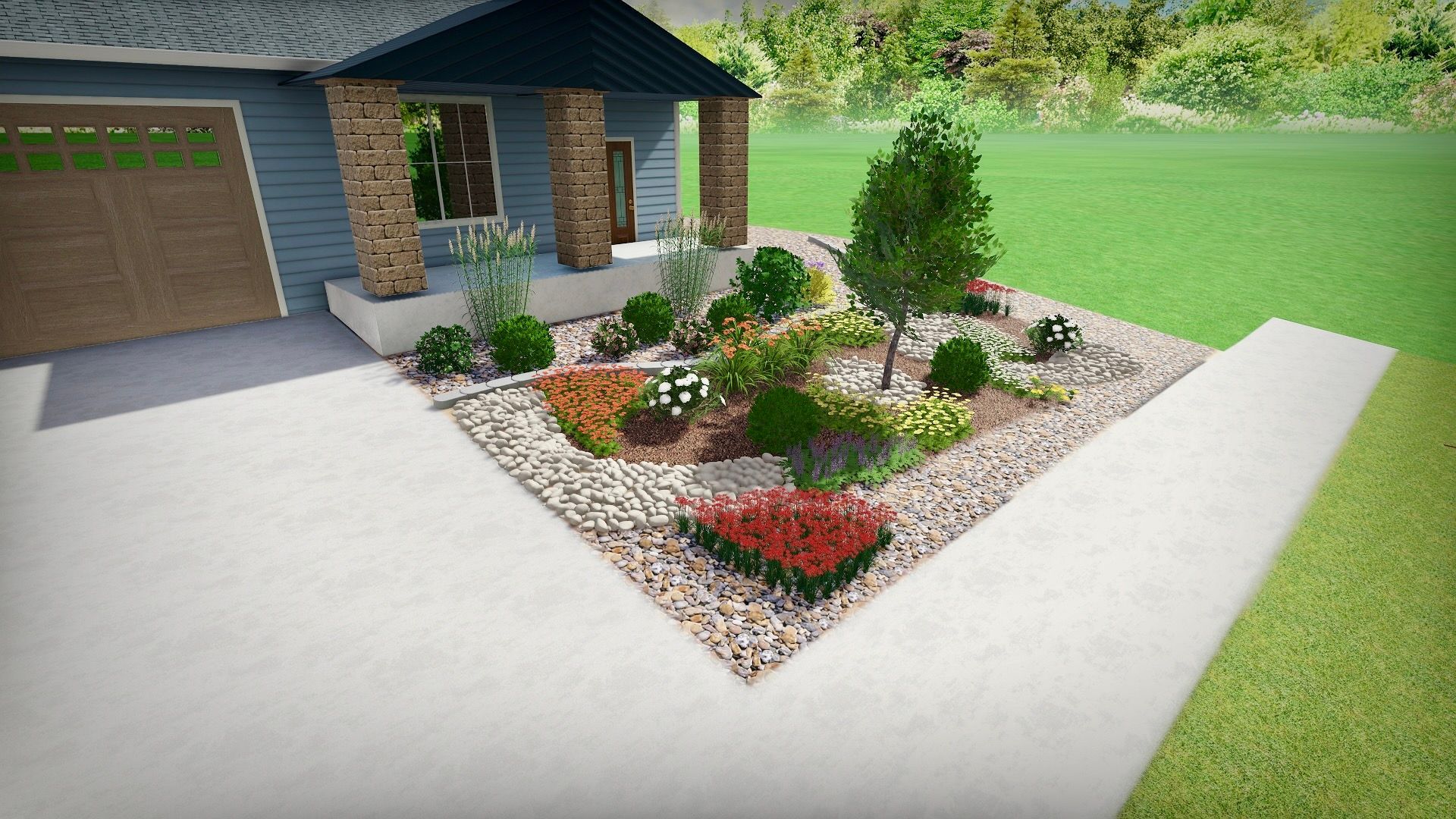 Landscaped front yard with varied plants and river rock bordering a driveway.