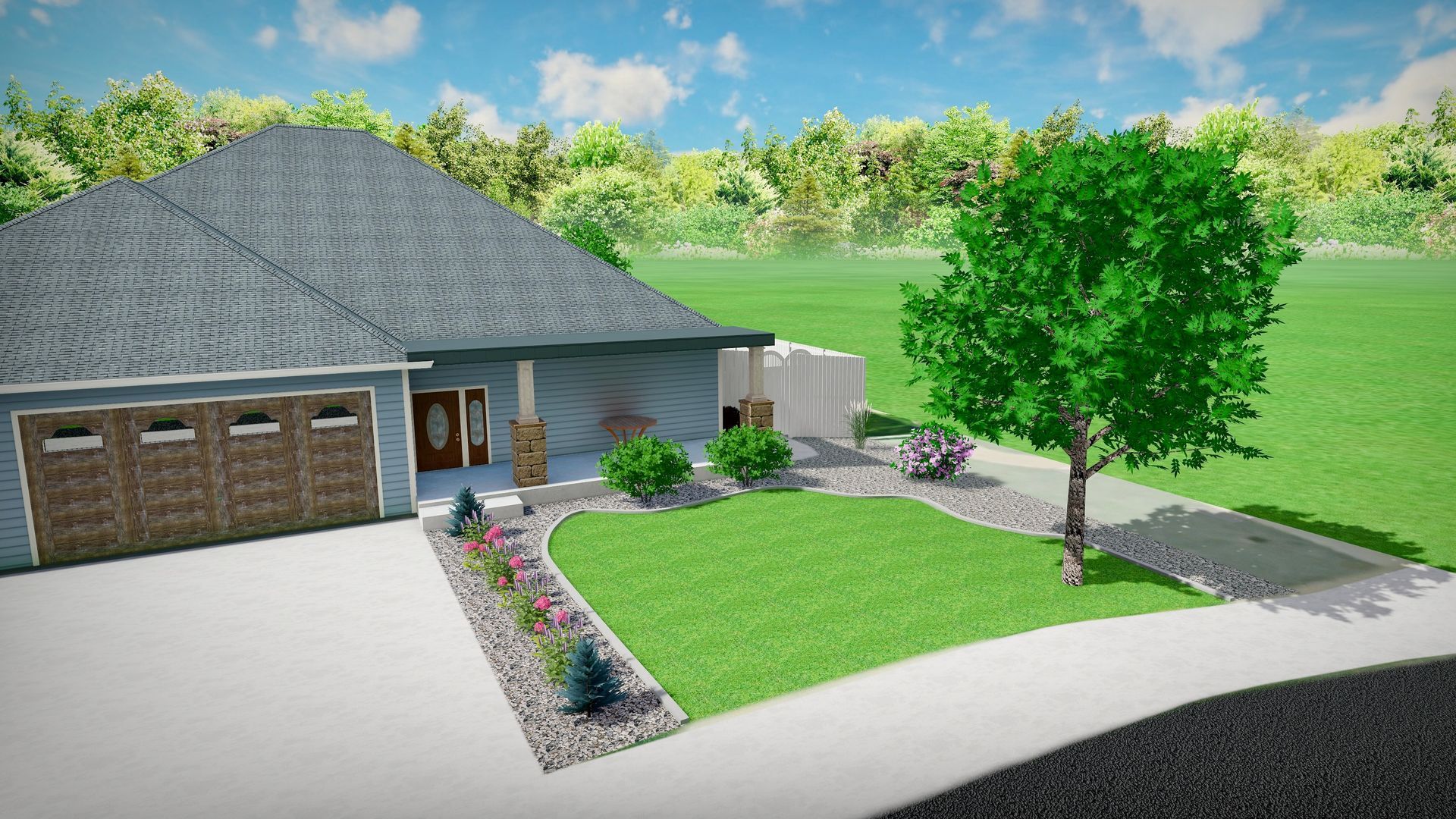 House with blue siding, gray roof, lawn, landscaping, and a driveway.