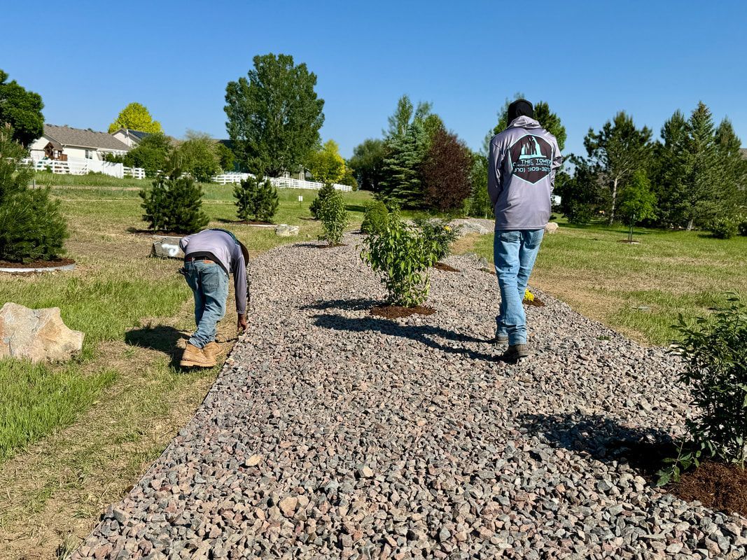 Two people laying gravel in a landscaped yard. Sunny day, residential setting.