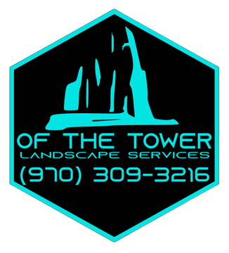 Logo for "Of The Tower Landscape Services" with mountain silhouette, teal on black, phone number (970) 309-3216.